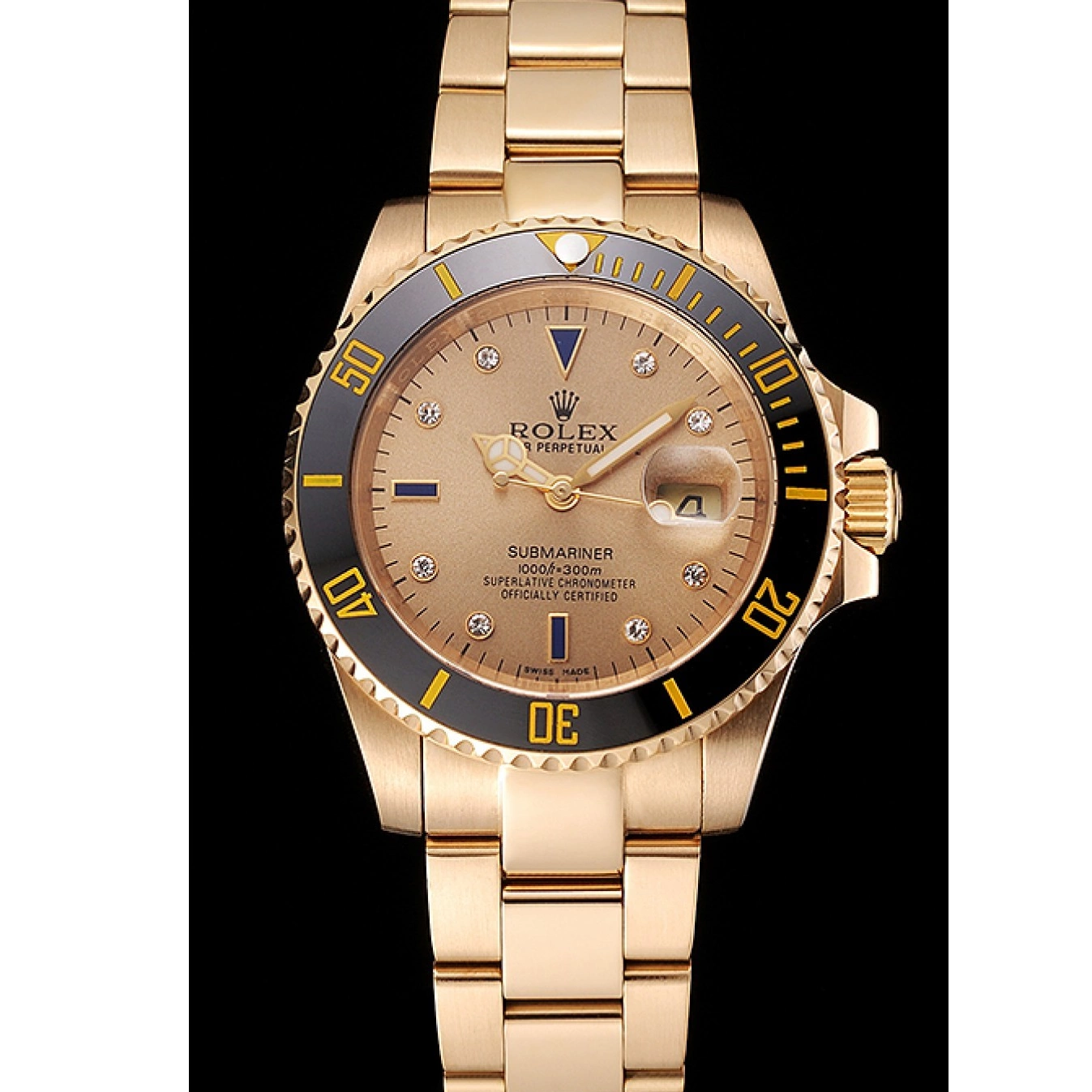Rolex copies cheap Case With Gold Bezel Submariner Bracelet Black Swiss And Diamond Dial Yellow Markings Gold Rolex 0624